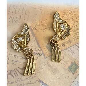 Vintage Art Deco Revival Flapper Earrings | Pave Showgirl Dangle Feather Jewelry